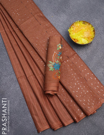 Semi tussar saree dark mustard with allover thread weaves and sequin work pallu & embroidery work blouse