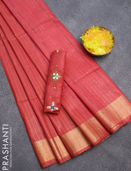 Semi tussar saree red with allover thread weaves and sequin work pallu & embroidery work blouse