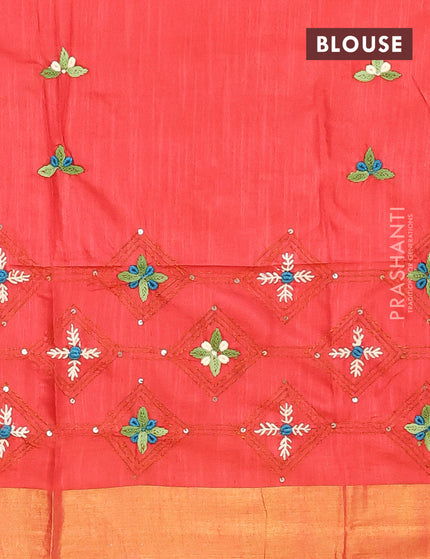 Semi tussar saree red with allover thread weaves and sequin work pallu & embroidery work blouse