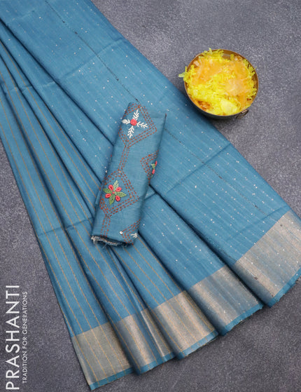 Semi tussar saree cs blue with allover thread weaves and sequin work pallu & embroidery work blouse