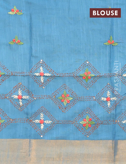 Semi tussar saree cs blue with allover thread weaves and sequin work pallu & embroidery work blouse