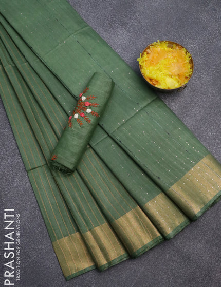 Semi tussar saree green with allover thread weaves and sequin work pallu & embroidery work blouse