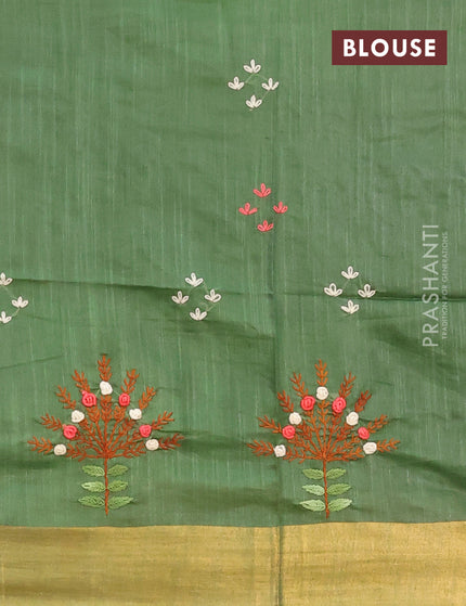 Semi tussar saree green with allover thread weaves and sequin work pallu & embroidery work blouse