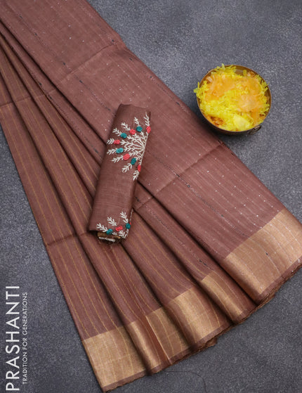 Semi tussar saree brown with allover thread weaves and sequin work pallu & embroidery work blouse