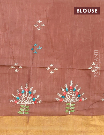 Semi tussar saree brown with allover thread weaves and sequin work pallu & embroidery work blouse