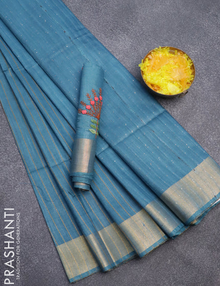 Semi tussar saree blue with allover thread weaves and sequin work pallu & embroidery work blouse