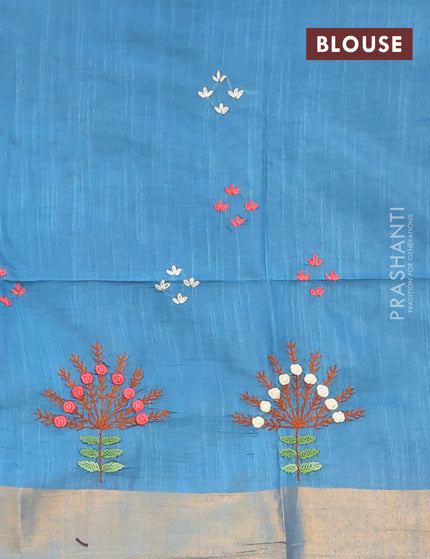 Semi tussar saree blue with allover thread weaves and sequin work pallu & embroidery work blouse