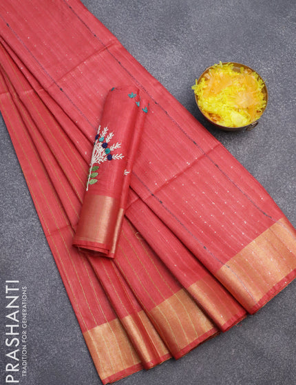 Semi tussar saree red with allover thread weaves and sequin work pallu & embroidery work blouse