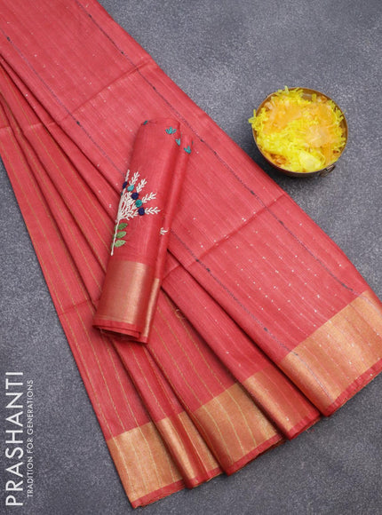 Semi tussar saree red with allover thread weaves and sequin work pallu & embroidery work blouse