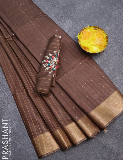 Semi tussar saree brown with allover thread weaves and sequin work pallu & embroidery work blouse