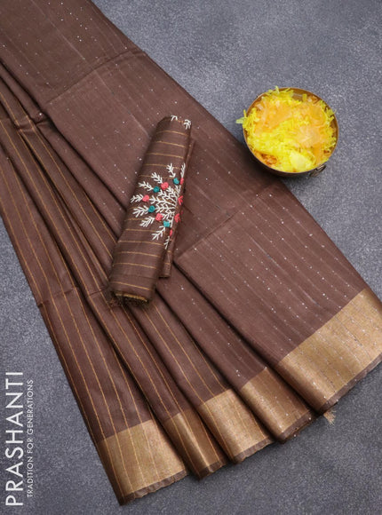 Semi tussar saree brown with allover thread weaves and sequin work pallu & embroidery work blouse