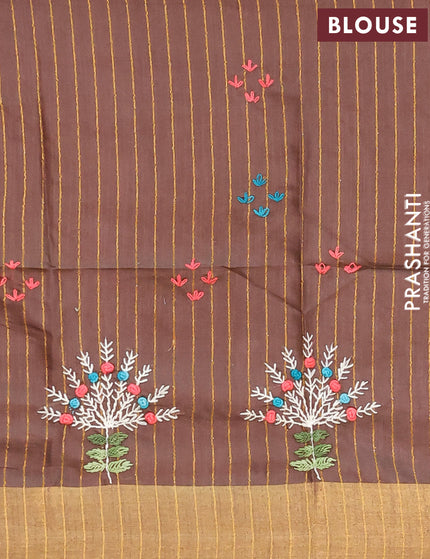 Semi tussar saree brown with allover thread weaves and sequin work pallu & embroidery work blouse