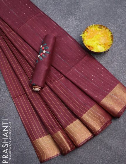 Semi tussar saree maroon with allover thread weaves and sequin work pallu & embroidery work blouse