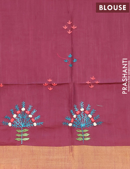 Semi tussar saree maroon with allover thread weaves and sequin work pallu & embroidery work blouse