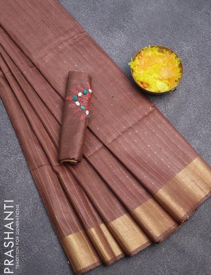 Semi tussar saree pastel brown with allover thread weaves and sequin work pallu & embroidery work blouse