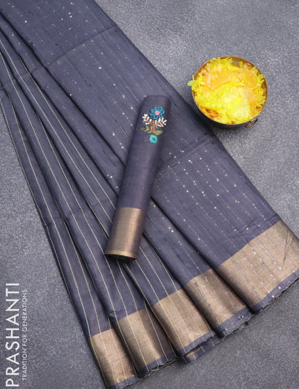 Semi tussar saree grey with allover thread woven stripes pattern and sequin work pallu & embroidery work blouse