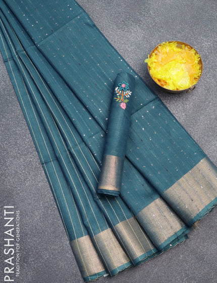 Semi tussar saree peacock blue with allover thread woven stripes pattern and sequin work pallu & embroidery work blouse