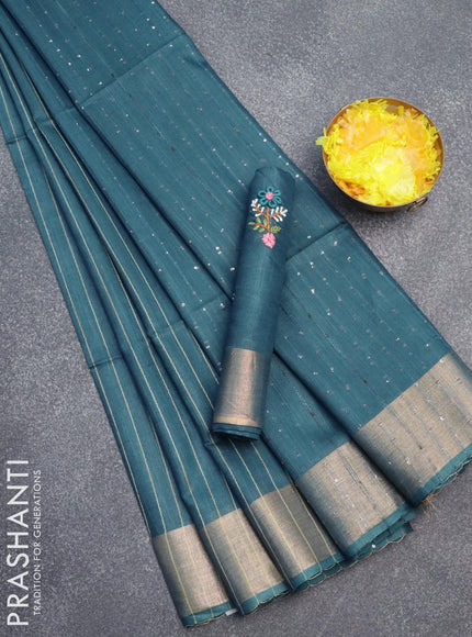 Semi tussar saree peacock blue with allover thread woven stripes pattern and sequin work pallu & embroidery work blouse