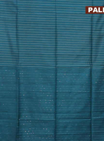 Semi tussar saree peacock blue with allover thread woven stripes pattern and sequin work pallu & embroidery work blouse