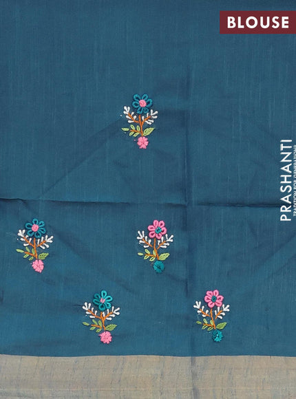 Semi tussar saree peacock blue with allover thread woven stripes pattern and sequin work pallu & embroidery work blouse