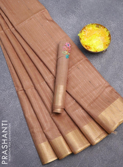 Semi tussar saree pastel brown with allover zari woven stripes pattern and sequin work pallu & embroidery work blouse