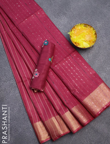 Semi tussar saree magenta pink with allover thread weaves and sequin work pallu & embroidery work blouse