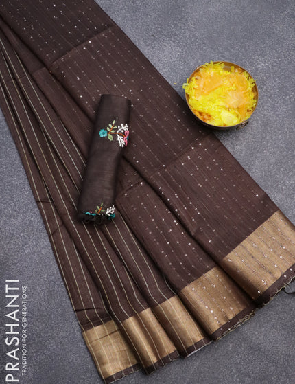 Semi tussar saree deep coffee brown with allover thread weaves and sequin work pallu & embroidery work blouse