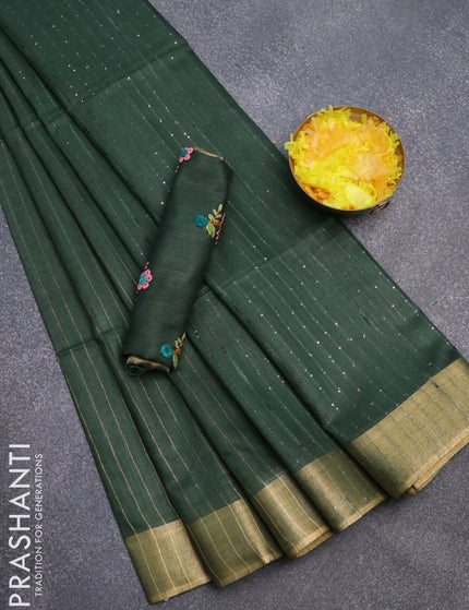 Semi tussar saree green with allover zari woven stripes pattern and sequin work pallu & embroidery work blouse