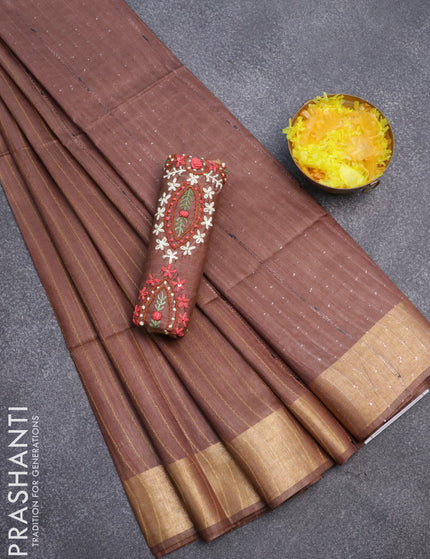 Semi tussar saree brown with allover thread weaves and sequin work pallu & embroidery work blouse