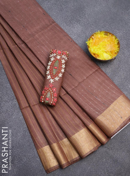 Semi tussar saree brown with allover thread weaves and sequin work pallu & embroidery work blouse