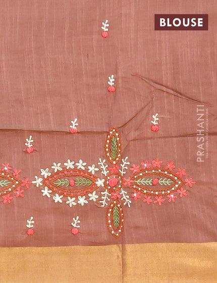 Semi tussar saree brown with allover thread weaves and sequin work pallu & embroidery work blouse