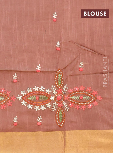 Semi tussar saree brown with allover thread weaves and sequin work pallu & embroidery work blouse