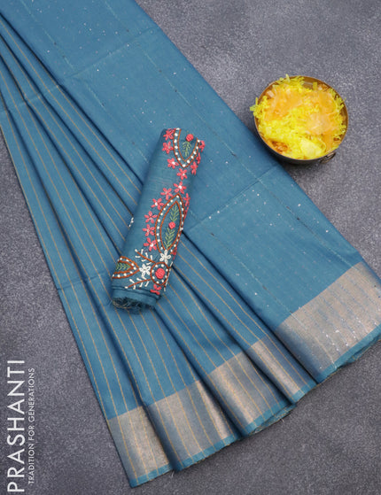 Semi tussar saree blue with allover thread weaves and sequin work pallu & embroidery work blouse