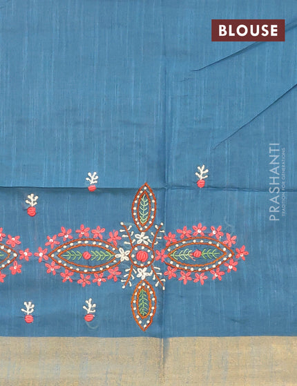 Semi tussar saree blue with allover thread weaves and sequin work pallu & embroidery work blouse