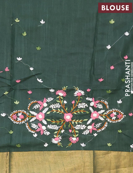 Semi tussar saree green with allover zari woven stripes pattern and sequin work pallu & embroidery work blouse