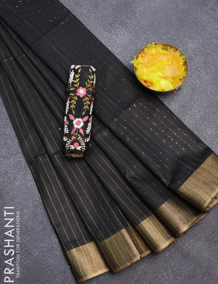 Semi tussar saree black with allover zari woven stripes pattern and sequin work pallu & embroidery work blouse