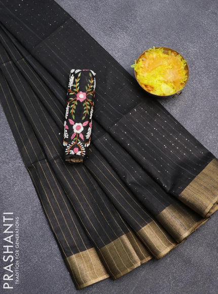 Semi tussar saree black with allover zari woven stripes pattern and sequin work pallu & embroidery work blouse