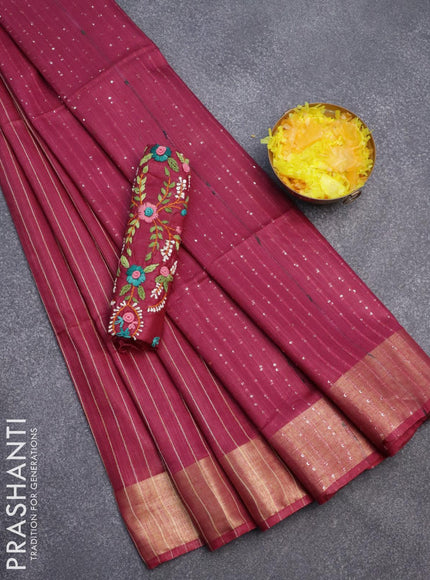 Semi tussar saree magenta pink with allover thread weaves and sequin work pallu & embroidery work blouse