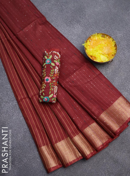 Semi tussar saree maroon with allover zari woven stripes pattern and zari woven border & embroidery work blouse