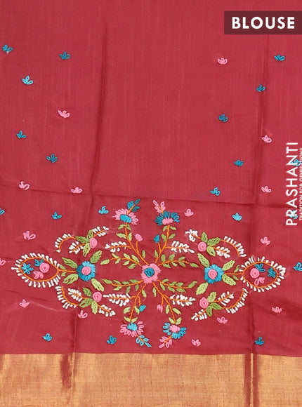 Semi tussar saree maroon with allover zari woven stripes pattern and zari woven border & embroidery work blouse