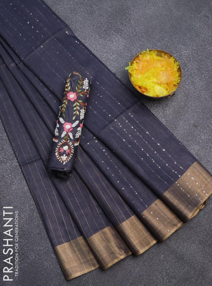 Semi tussar saree grey with allover zari woven stripes pattern and zari woven border & embroidery work blouse