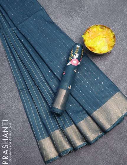 Semi tussar saree peacock blue with allover thread weaves and sequin work pallu & embroidery work blouse