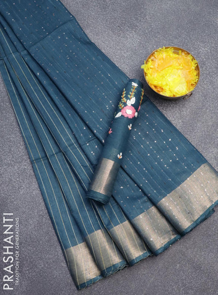 Semi tussar saree peacock blue with allover thread weaves and sequin work pallu & embroidery work blouse