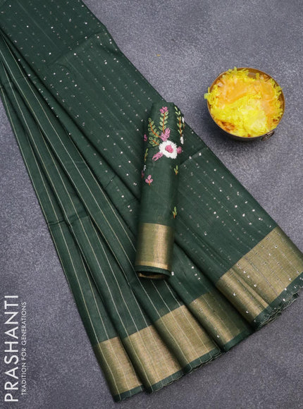 Semi tussar saree green with allover thread weaves and sequin work pallu & embroidery work blouse