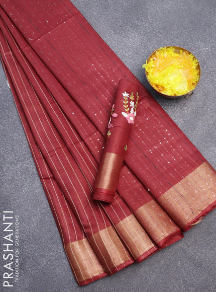 Semi tussar saree maroon with allover thread weaves and sequin work pallu & embroidery work blouse