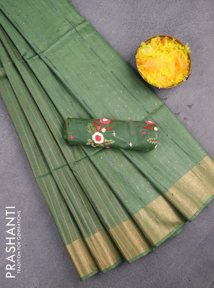 Semi tussar saree green with allover thread & zari stripe pattern and sequin work pallu & embroidery work blouse