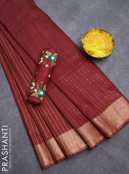 Semi tussar saree maroon with allover thread weaves and sequin work pallu & embroidery work blouse