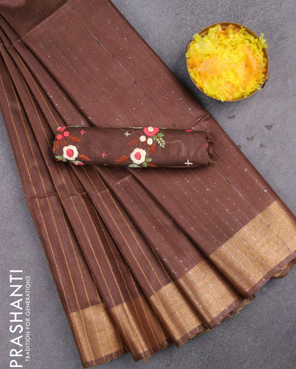 Semi tussar saree brown with allover thread & zari stripe pattern and sequin work pallu & embroidery work blouse