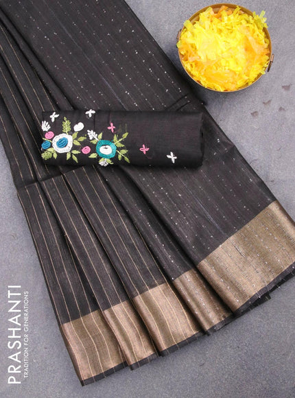 Semi tussar saree black with allover thread & zari stripe pattern and sequin work pallu & embroidery work blouse