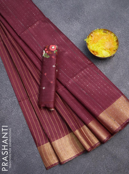 Semi tussar saree maroon with allover thread weaves and sequin work pallu & embroidery work blouse